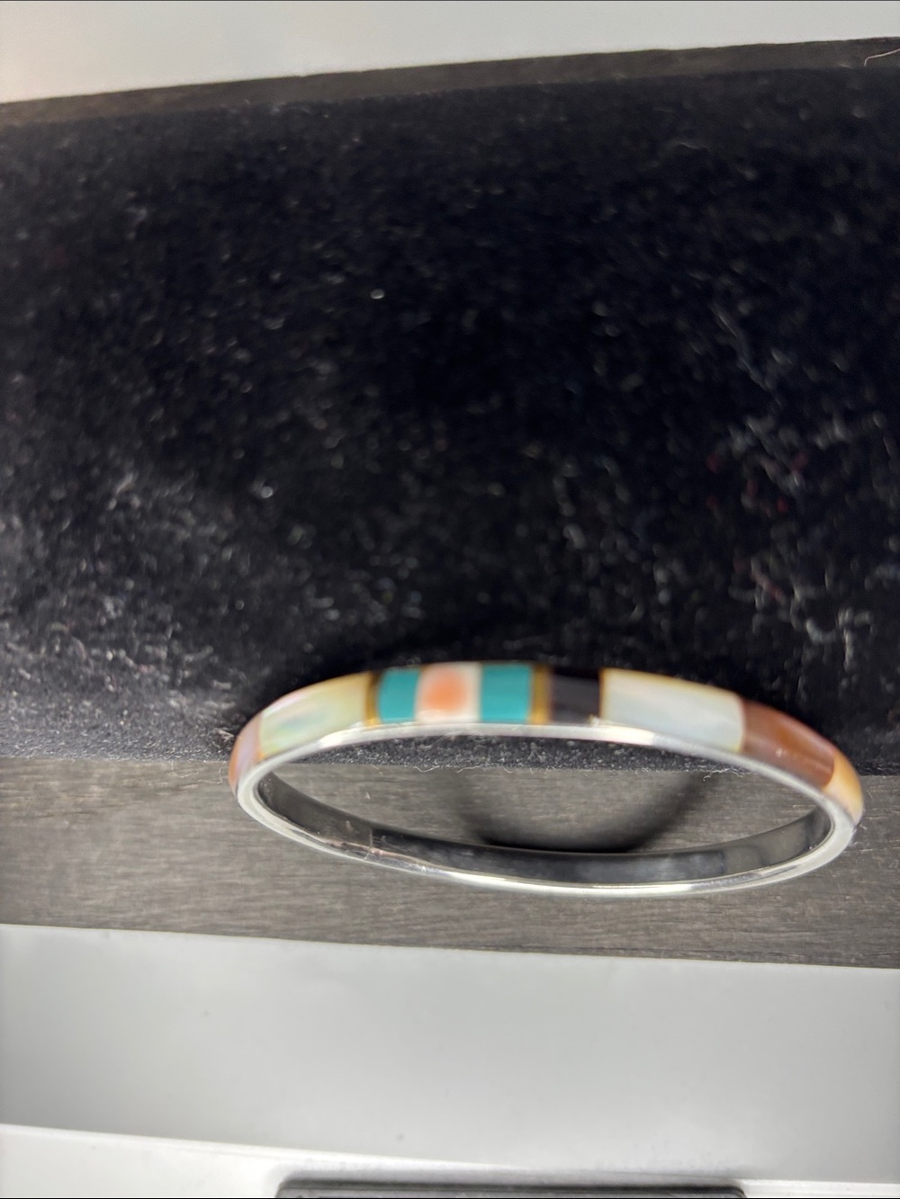 Silver plated Multicolor Inlay Bangle Bracelet - Turquoise, Coral, White, Brown